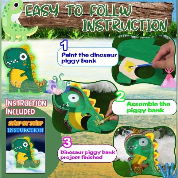 Make Your Own Dinosaur Piggy Bank - Dinosaur Toys for Kids, Dinosaur Craft Kit - Picture 2 of 7